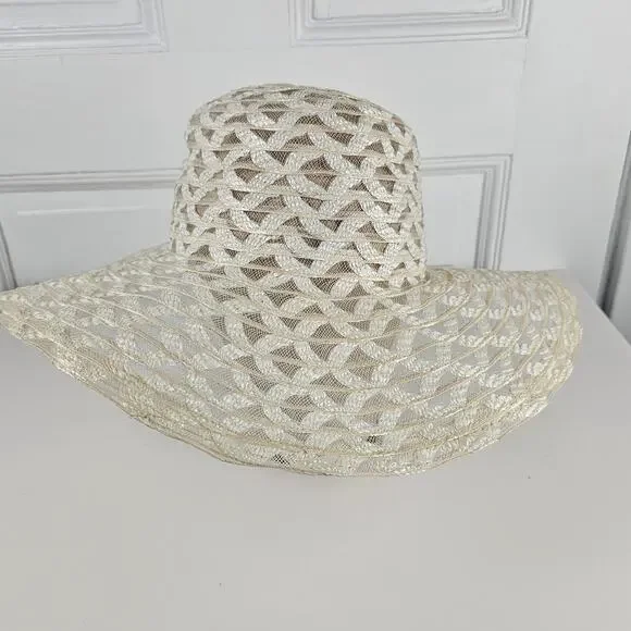 VTG 1970s wide brim sheer Hat crisscross  prairie cottage boho bridesmaid - Picture 7 of 10